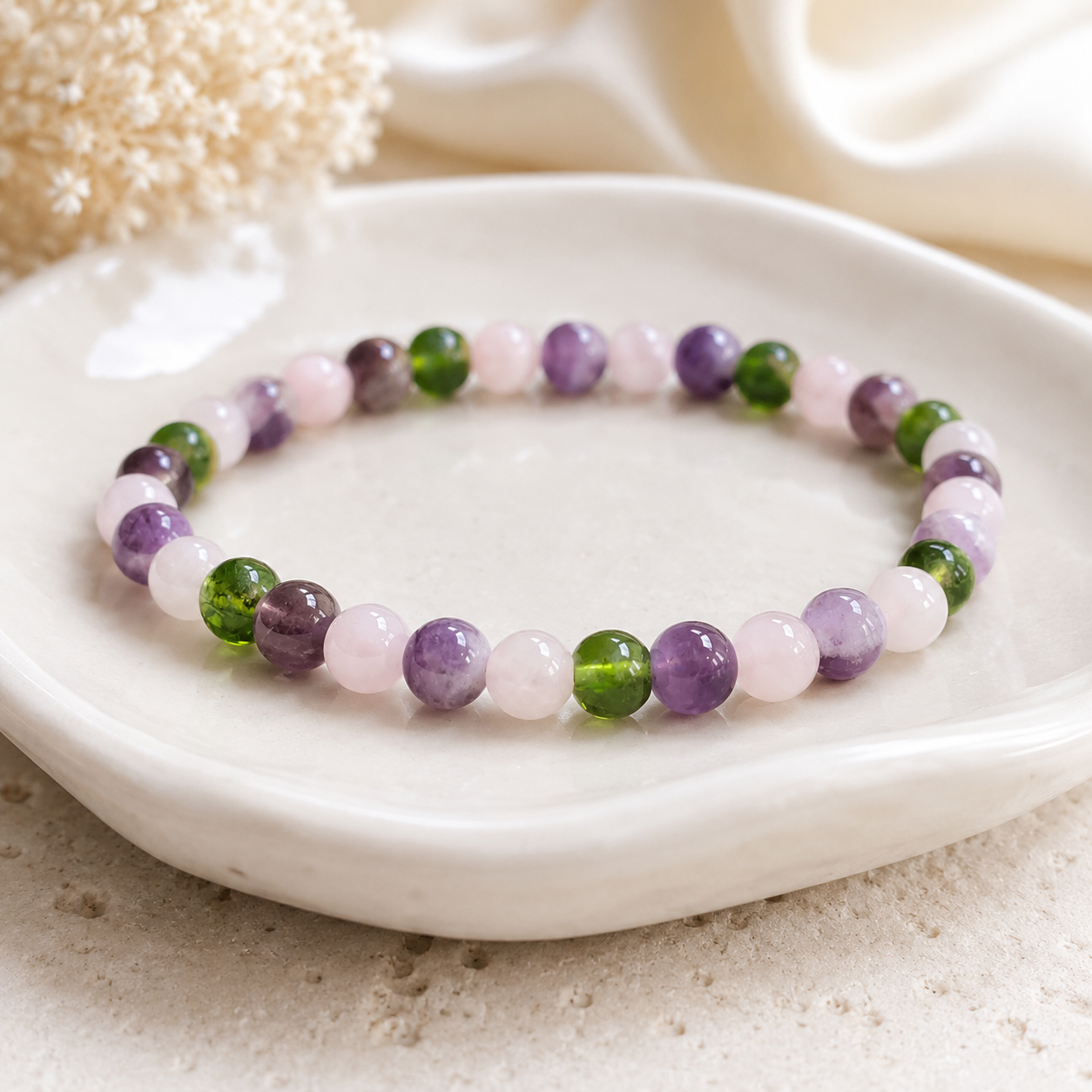Rose Quartz Amethyst Moldavite Bracelet, 4mm Gemstone Stretch Bracelet, Spiritual Crystal Jewelry, Gift for Her