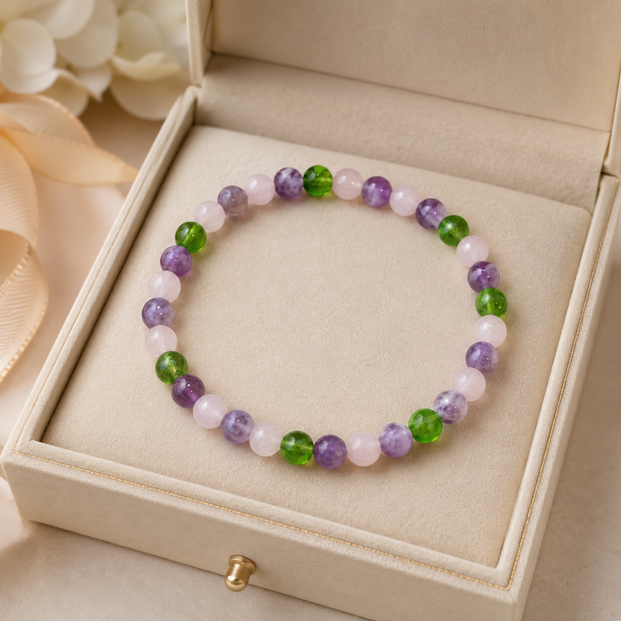 Rose Quartz Amethyst Moldavite Bracelet, 4mm Gemstone Stretch Bracelet, Spiritual Crystal Jewelry, Gift for Her