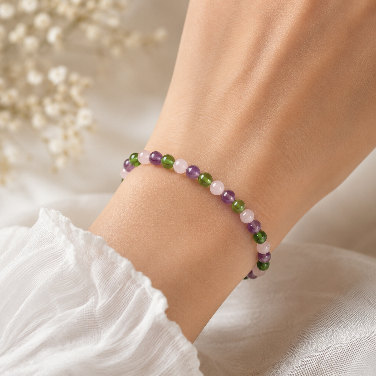 Rose Quartz Amethyst Moldavite Bracelet, 4mm Gemstone Stretch Bracelet, Spiritual Crystal Jewelry, Gift for Her