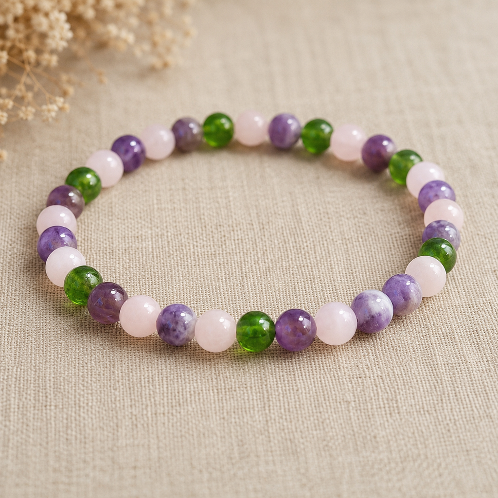Rose Quartz Amethyst Moldavite Bracelet, 4mm Gemstone Stretch Bracelet, Spiritual Crystal Jewelry, Gift for Her