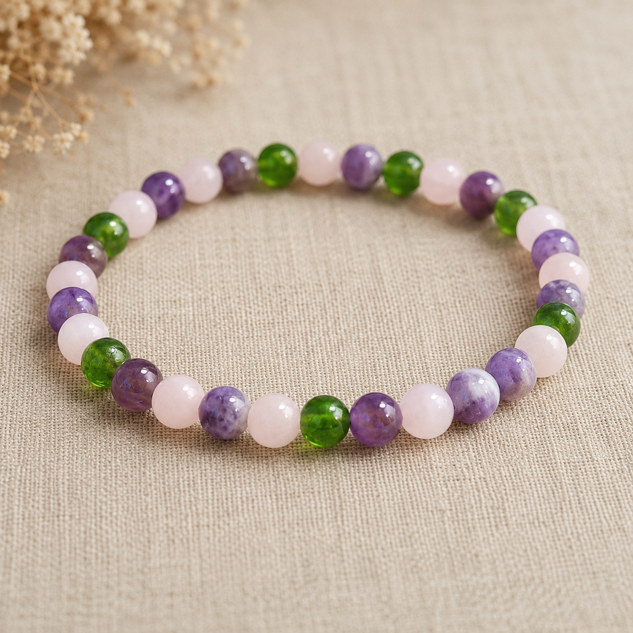 Rose Quartz Amethyst Moldavite Bracelet, 4mm Gemstone Stretch Bracelet, Spiritual Crystal Jewelry, Gift for Her