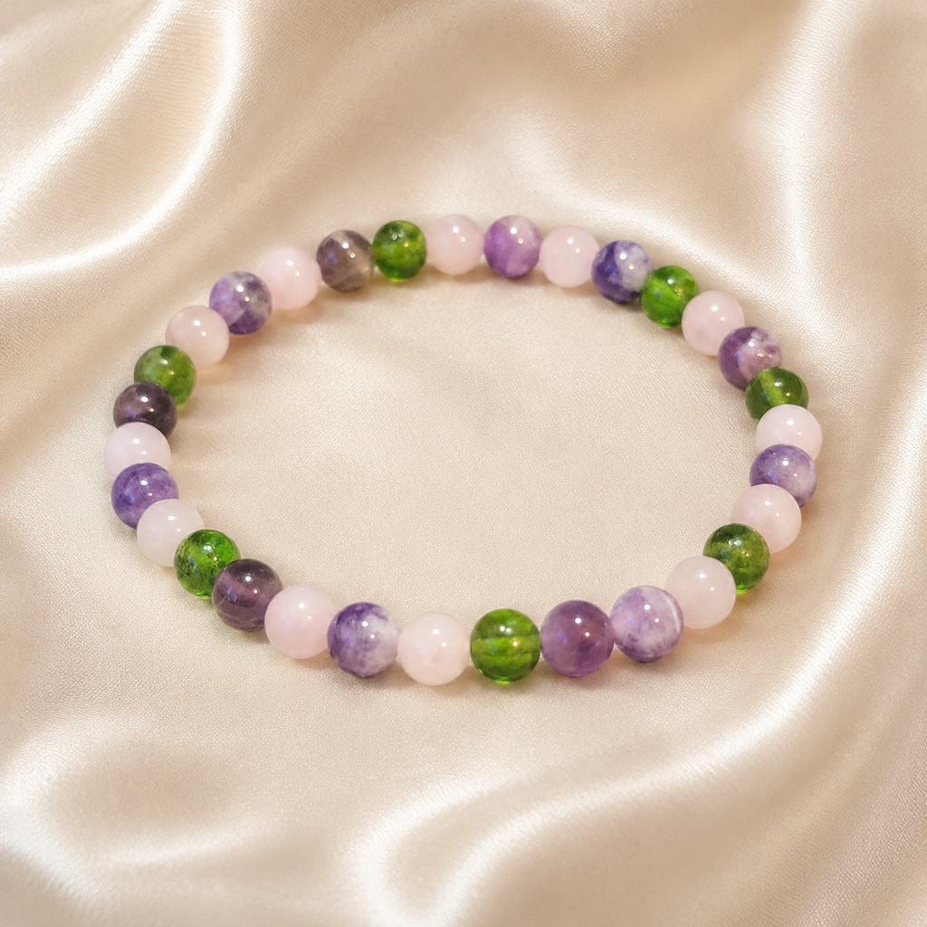 Rose Quartz Amethyst Moldavite Bracelet, 4mm Gemstone Stretch Bracelet, Spiritual Crystal Jewelry, Gift for Her