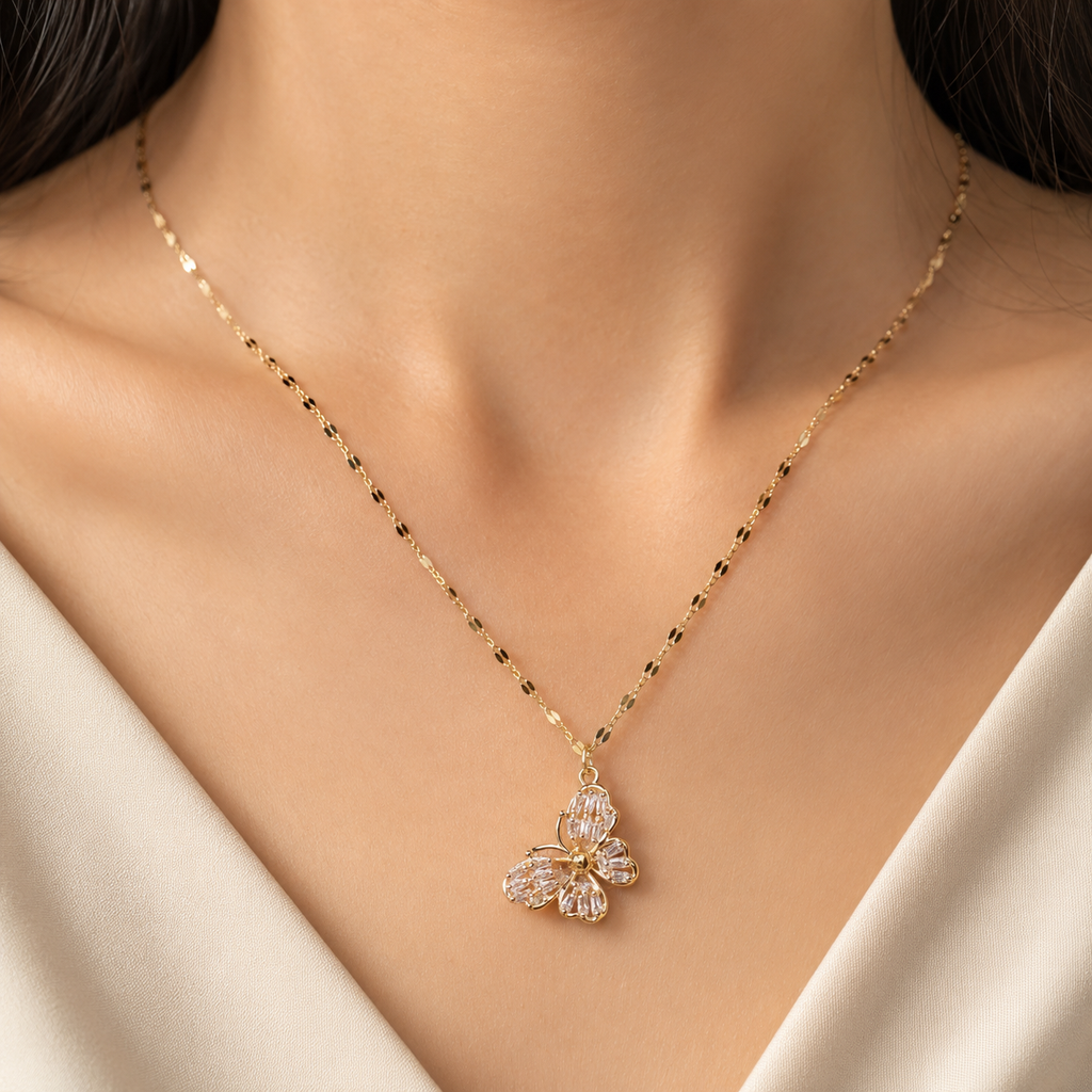 Gold Butterfly Necklace, Sparkling Crystal Pendant, 18 Inch Adjustable Chain, Delicate Jewelry Gift for Her