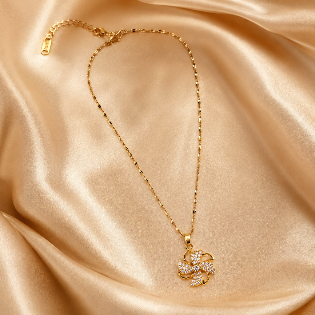 Gold Pinwheel Flower Necklace, Sparkling Crystal Pendant, 18 Inch Adjustable Chain, Elegant Gift for Her