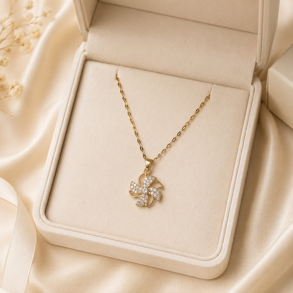 Gold Pinwheel Flower Necklace, Sparkling Crystal Pendant, 18 Inch Adjustable Chain, Elegant Gift for Her