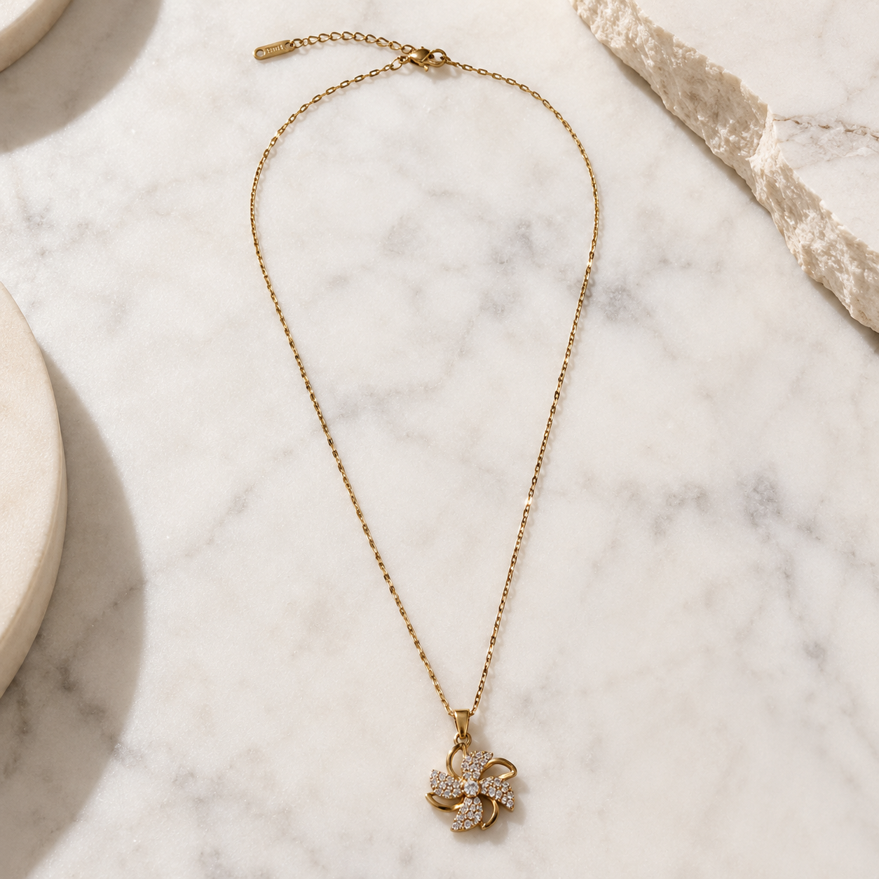 Gold Pinwheel Flower Necklace, Sparkling Crystal Pendant, 18 Inch Adjustable Chain, Elegant Gift for Her