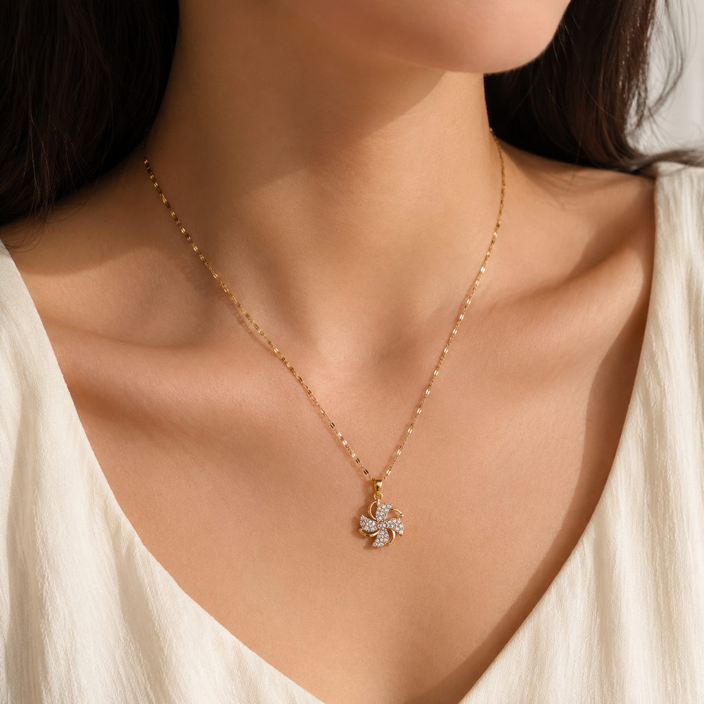 Gold Pinwheel Flower Necklace, Sparkling Crystal Pendant, 18 Inch Adjustable Chain, Elegant Gift for Her