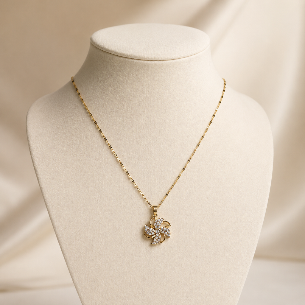 Gold Pinwheel Flower Necklace, Sparkling Crystal Pendant, 18 Inch Adjustable Chain, Elegant Gift for Her