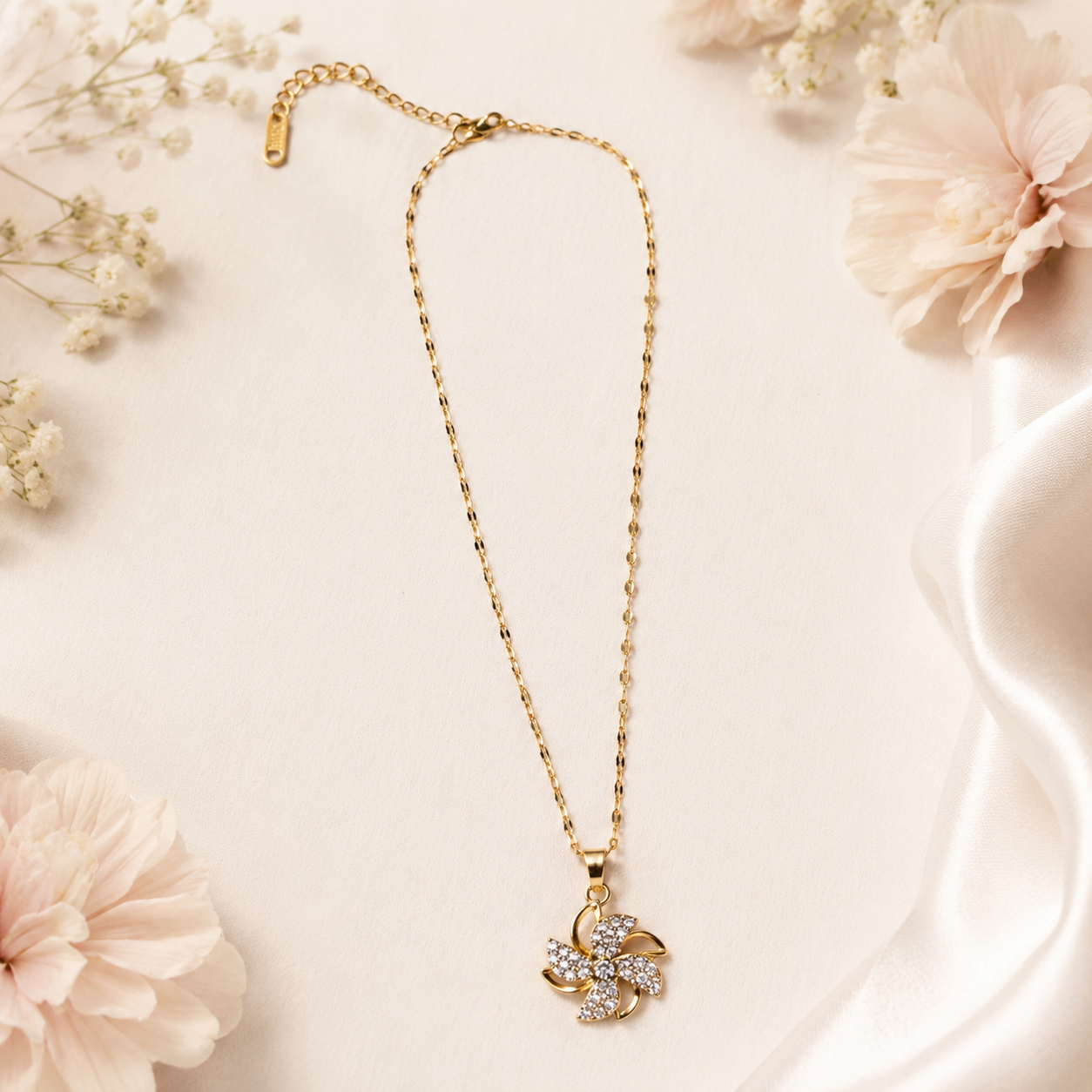 Gold Pinwheel Flower Necklace, Sparkling Crystal Pendant, 18 Inch Adjustable Chain, Elegant Gift for Her