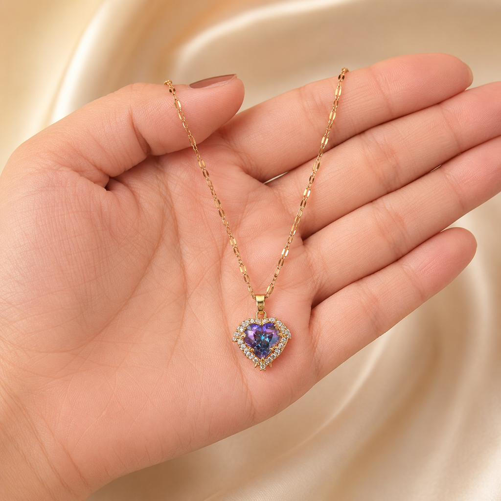 Purple Heart Necklace, Iridescent Crystal Pendant, Gold Tone Stainless Steel, 18 Inch Adjustable Gift for Her