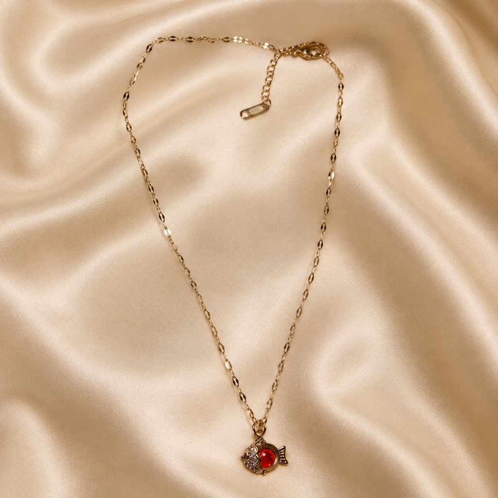 Red Fish Necklace, Sparkling Gold Fish Pendant, Stainless Steel, 18 Inch Adjustable Ocean Jewelry Gift for Her