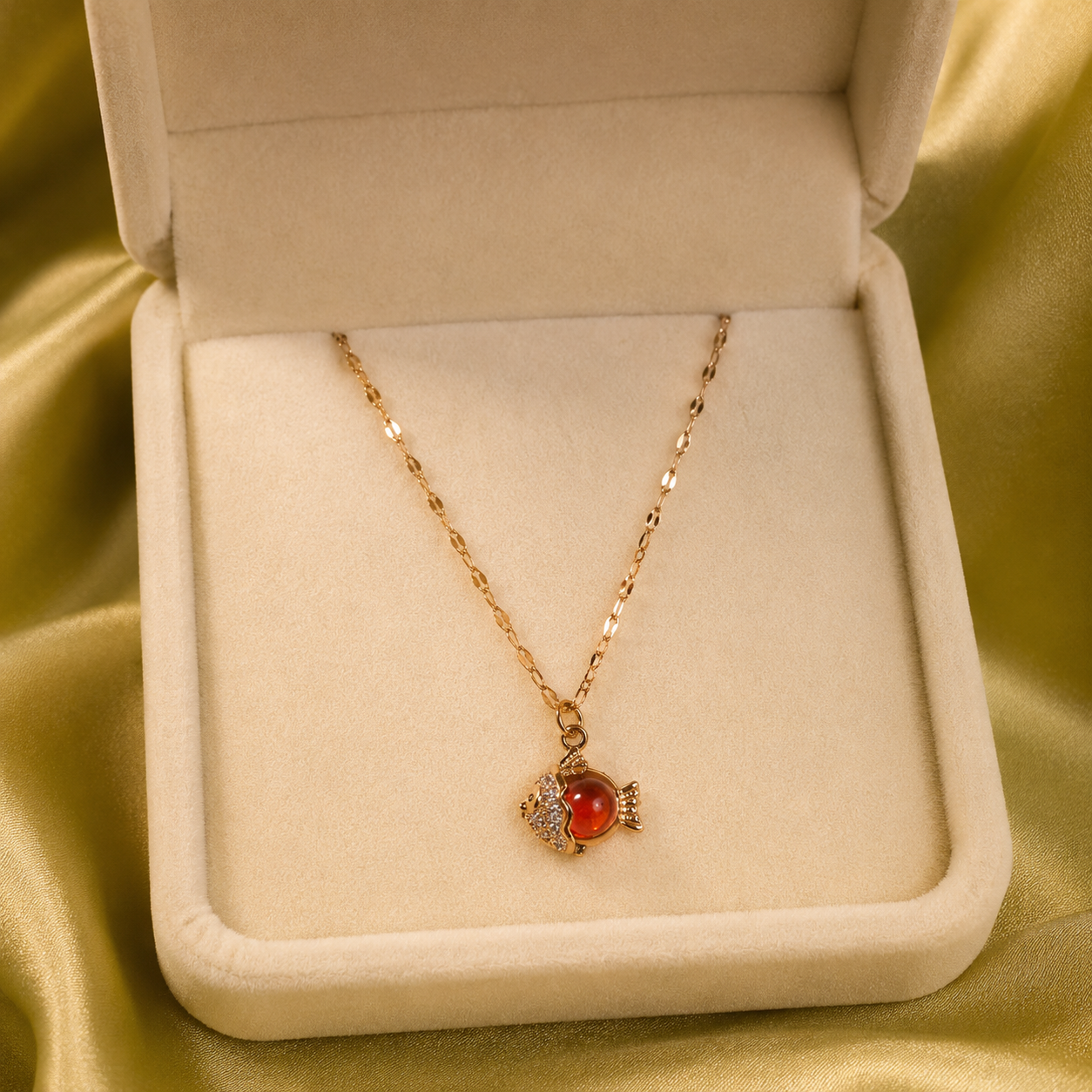 Red Fish Necklace, Sparkling Gold Fish Pendant, Stainless Steel, 18 Inch Adjustable Ocean Jewelry Gift for Her