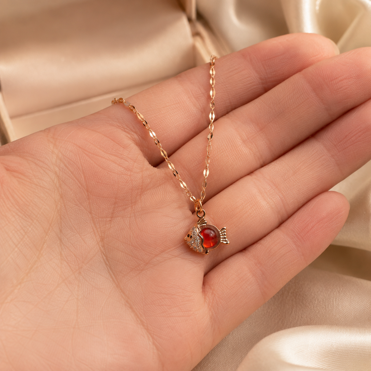 Red Fish Necklace, Sparkling Gold Fish Pendant, Stainless Steel, 18 Inch Adjustable Ocean Jewelry Gift for Her