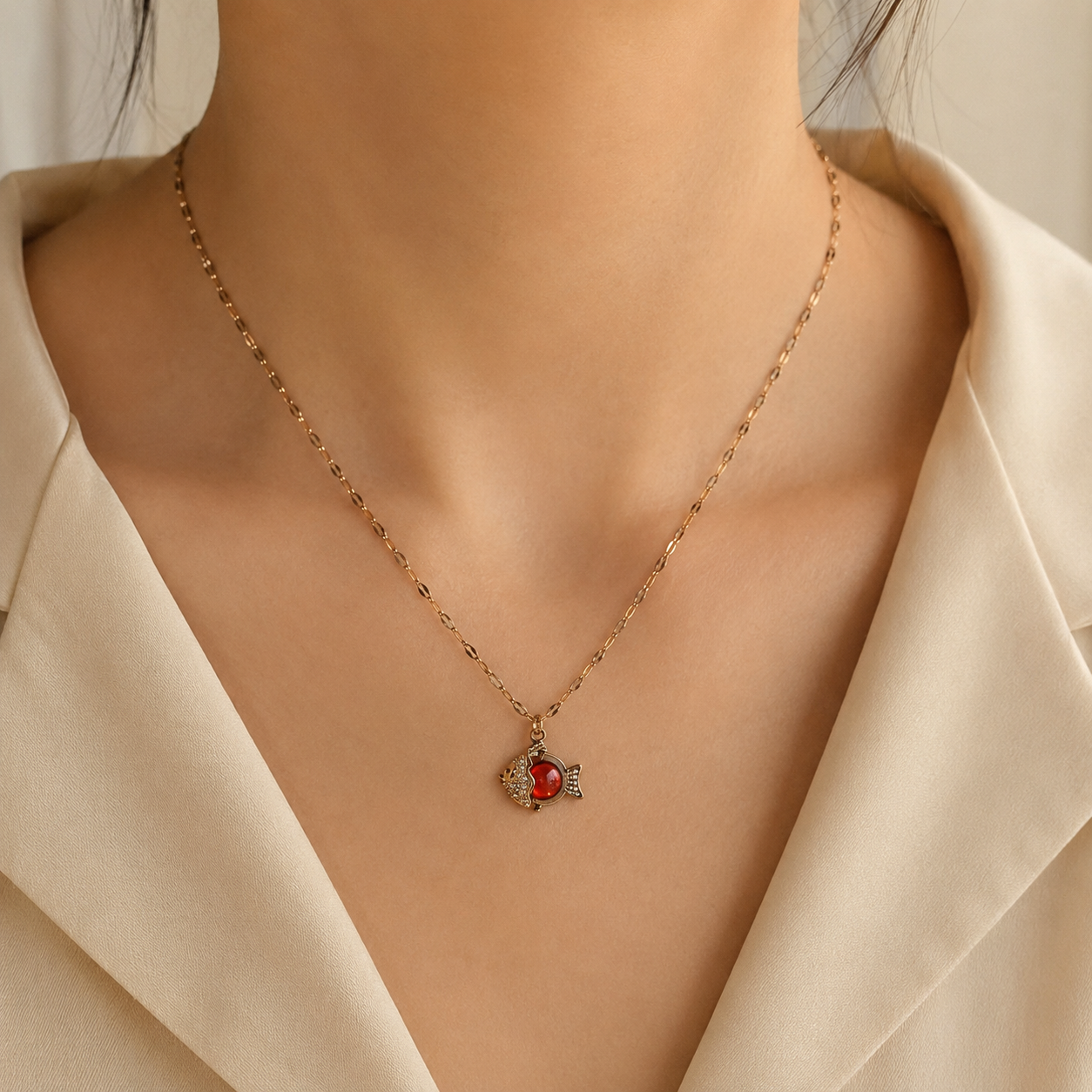 Red Fish Necklace, Sparkling Gold Fish Pendant, Stainless Steel, 18 Inch Adjustable Ocean Jewelry Gift for Her