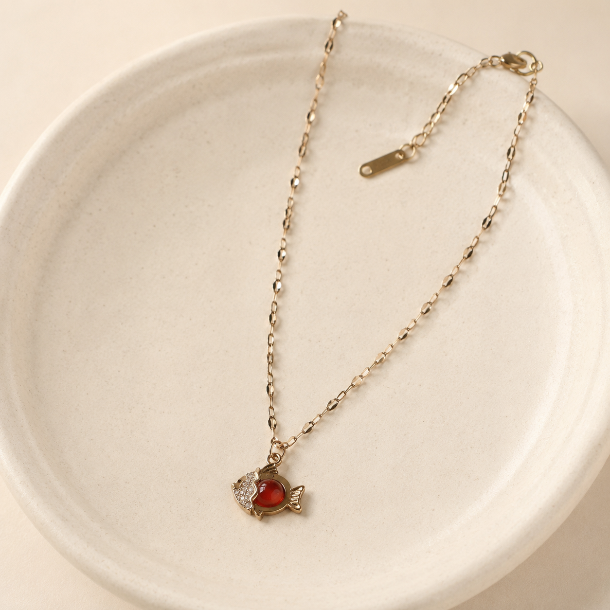 Red Fish Necklace, Sparkling Gold Fish Pendant, Stainless Steel, 18 Inch Adjustable Ocean Jewelry Gift for Her