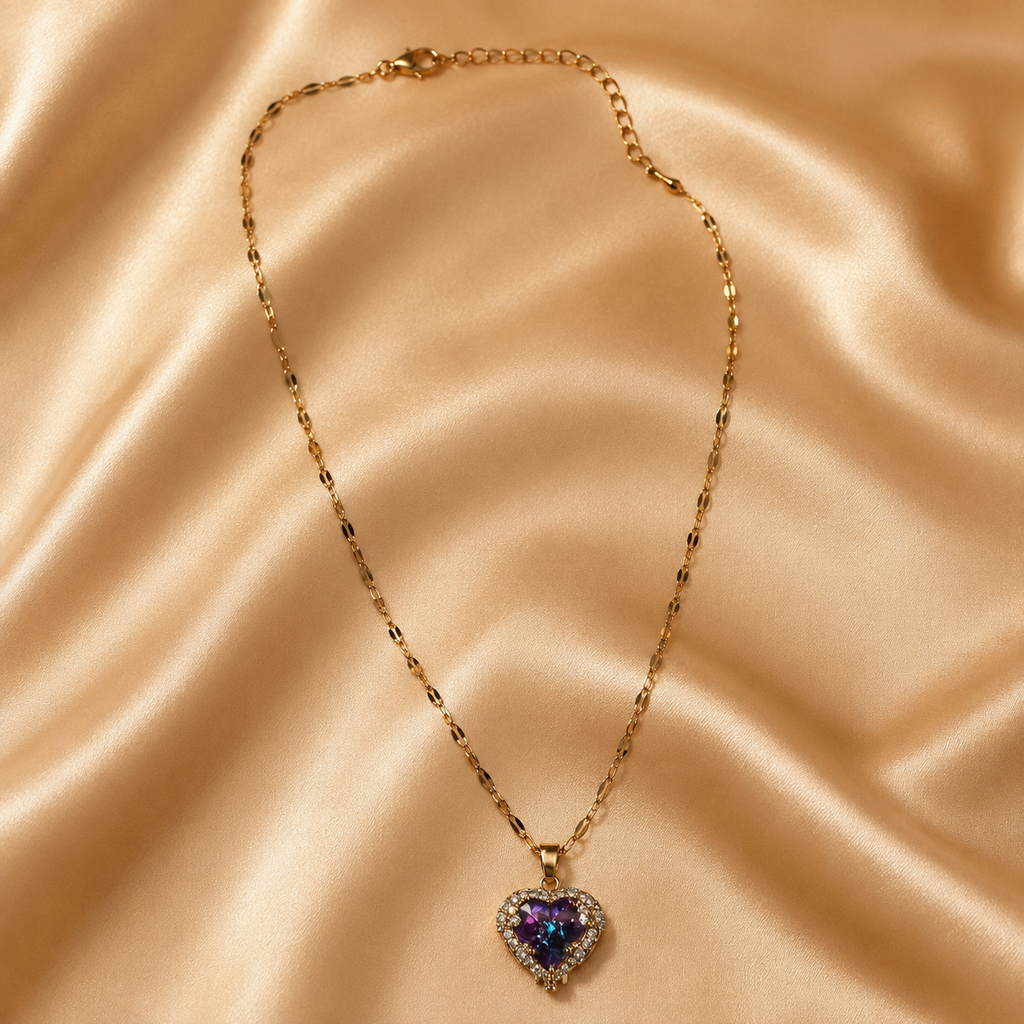 Purple Heart Necklace, Iridescent Crystal Pendant, Gold Tone Stainless Steel, 18 Inch Adjustable Gift for Her