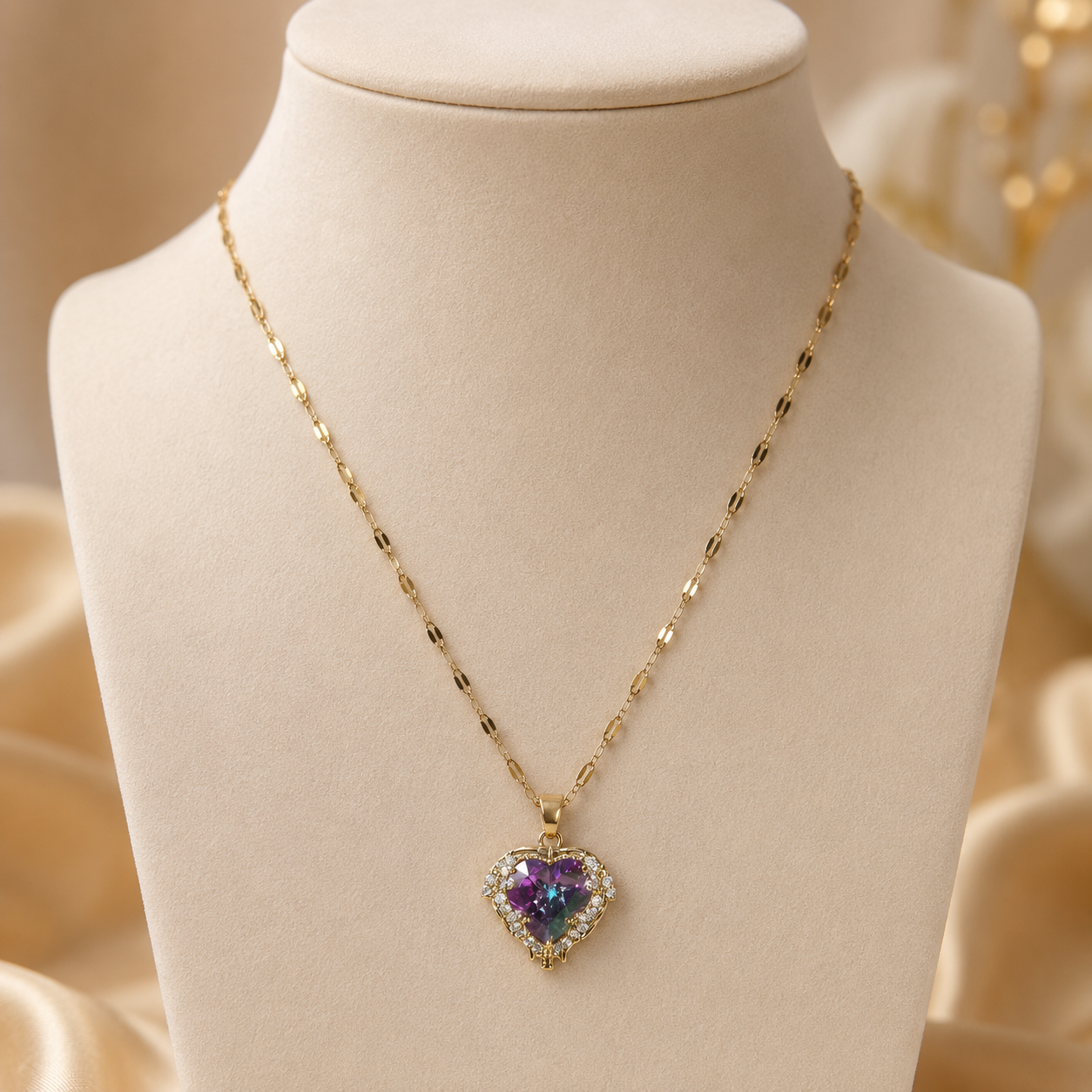 Purple Heart Necklace, Iridescent Crystal Pendant, Gold Tone Stainless Steel, 18 Inch Adjustable Gift for Her