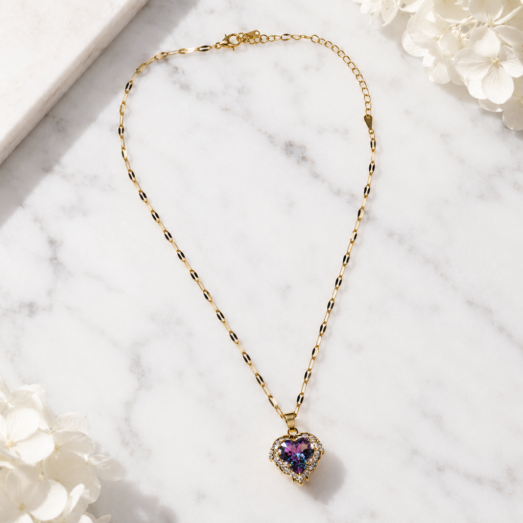 Purple Heart Necklace, Iridescent Crystal Pendant, Gold Tone Stainless Steel, 18 Inch Adjustable Gift for Her