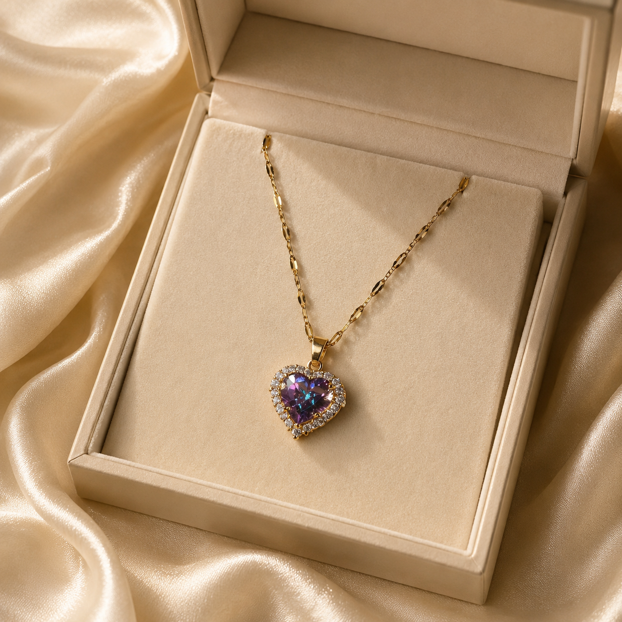 Purple Heart Necklace, Iridescent Crystal Pendant, Gold Tone Stainless Steel, 18 Inch Adjustable Gift for Her