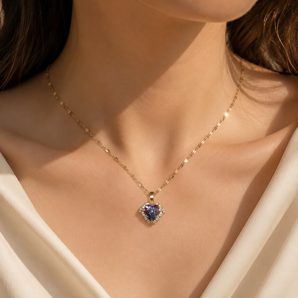 Purple Heart Necklace, Iridescent Crystal Pendant, Gold Tone Stainless Steel, 18 Inch Adjustable Gift for Her