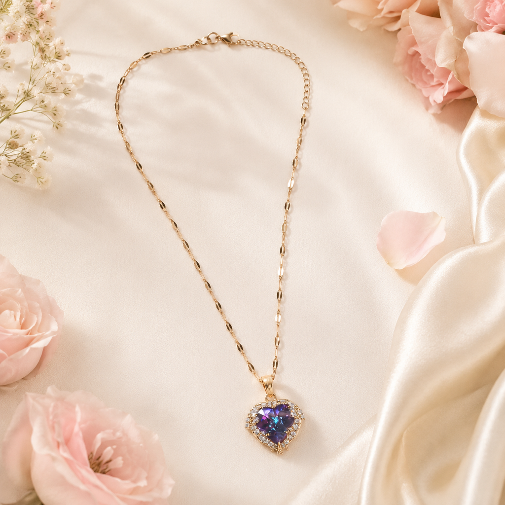Purple Heart Necklace, Iridescent Crystal Pendant, Gold Tone Stainless Steel, 18 Inch Adjustable Gift for Her