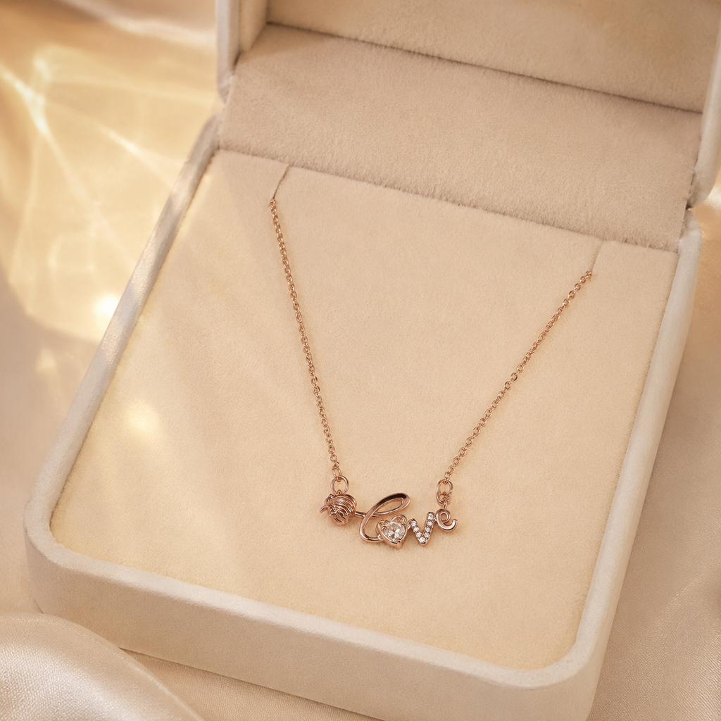 Rose Gold Love Necklace, Strawberry Charm and Clear CZ Pendant, 18 Inch Adjustable Stainless Steel Gift for Her