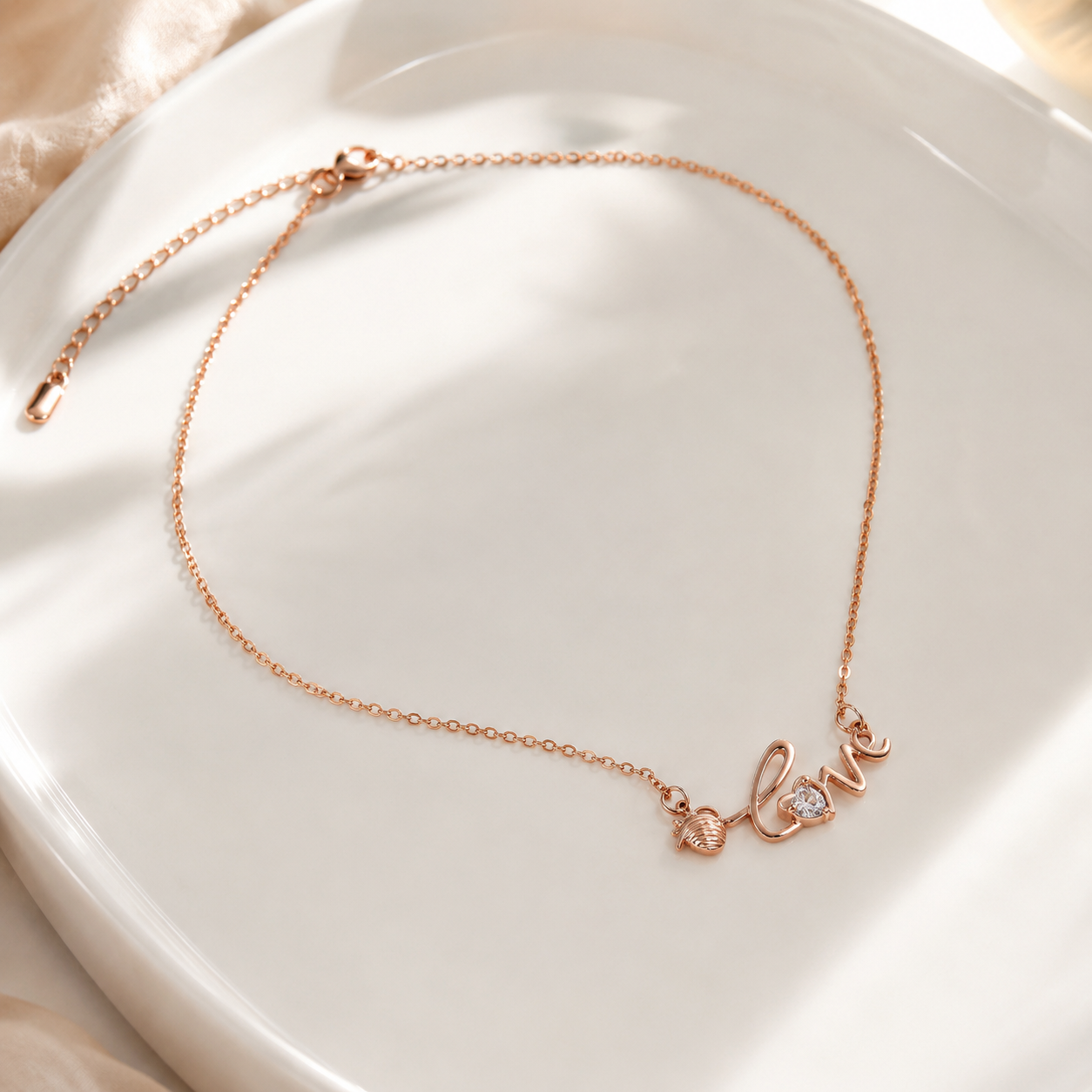 Rose Gold Love Necklace, Strawberry Charm and Clear CZ Pendant, 18 Inch Adjustable Stainless Steel Gift for Her