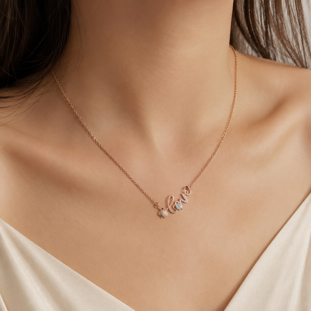 Rose Gold Love Necklace, Strawberry Charm and Clear CZ Pendant, 18 Inch Adjustable Stainless Steel Gift for Her
