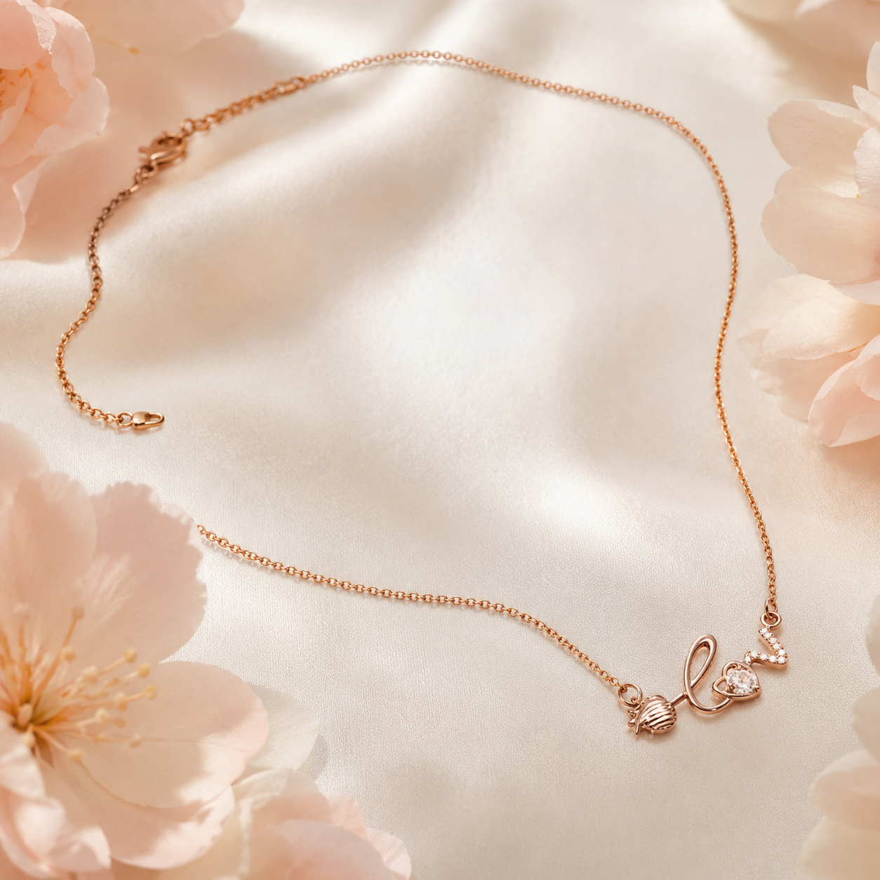 Rose Gold Love Necklace, Strawberry Charm and Clear CZ Pendant, 18 Inch Adjustable Stainless Steel Gift for Her