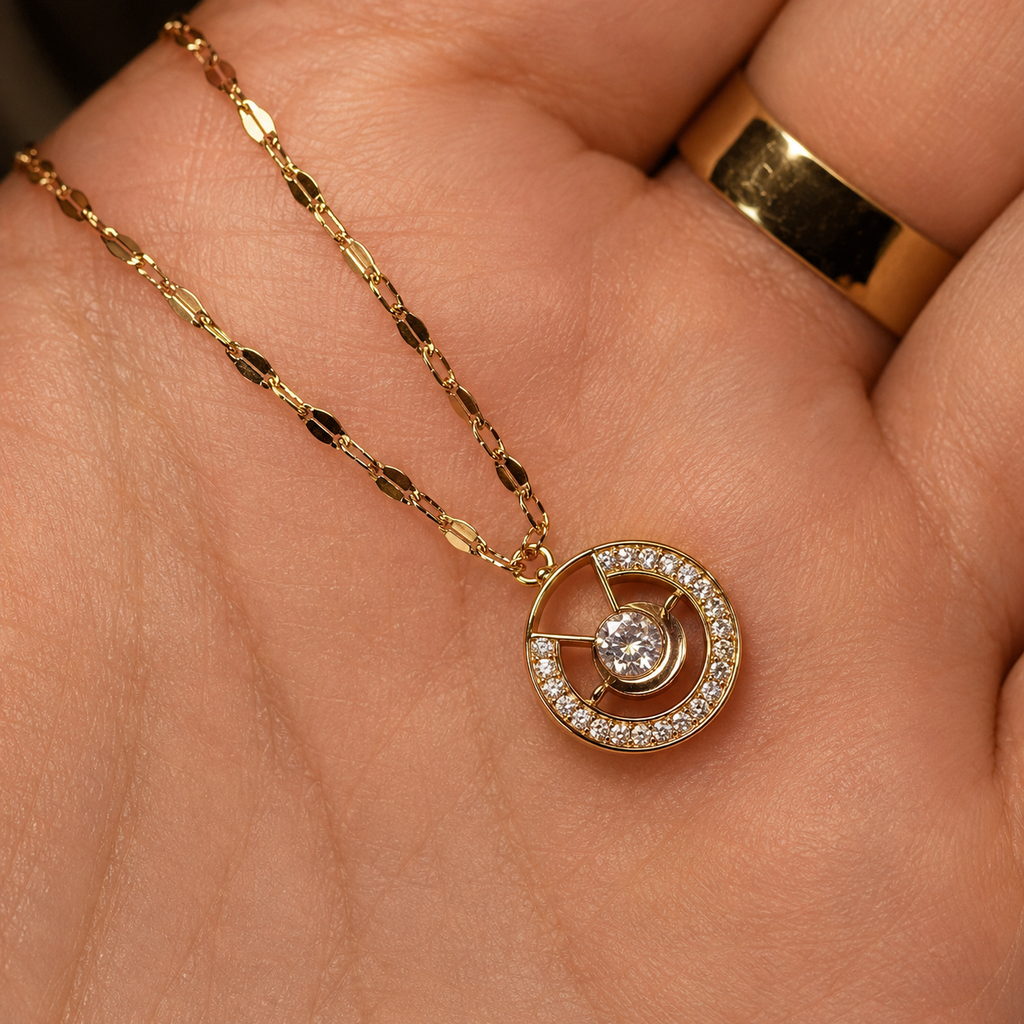 Gold Circle Pendant Necklace, Clear CZ Halo, 18 Inch Adjustable Stainless Steel Necklace, Elegant Gift for Her