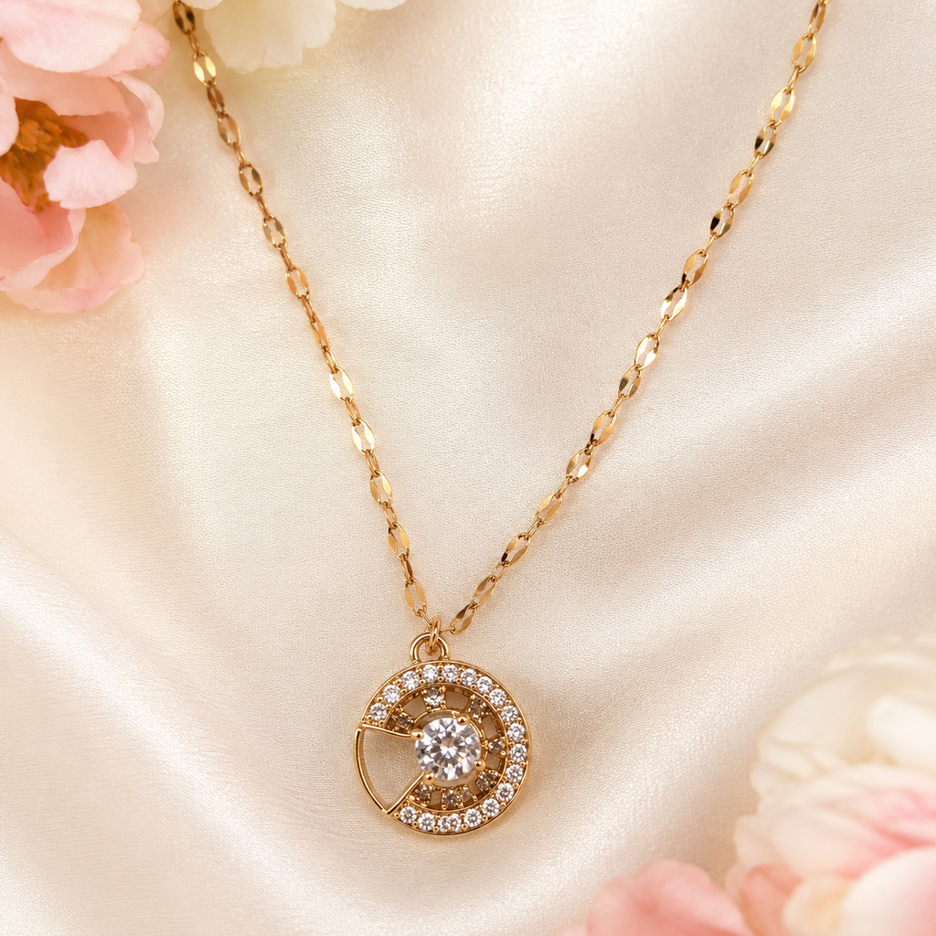 Gold Circle Pendant Necklace, Clear CZ Halo, 18 Inch Adjustable Stainless Steel Necklace, Elegant Gift for Her