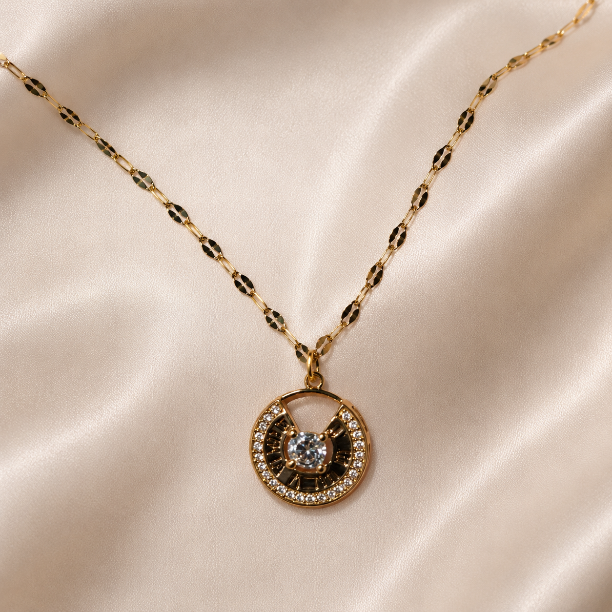 Gold Circle Pendant Necklace, Clear CZ Halo, 18 Inch Adjustable Stainless Steel Necklace, Elegant Gift for Her