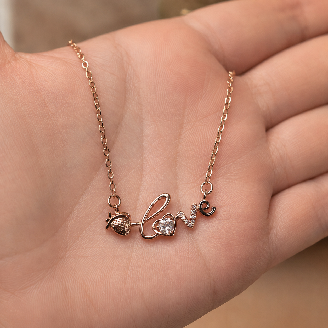 Rose Gold Love Necklace, Strawberry Charm and Clear CZ Pendant, 18 Inch Adjustable Stainless Steel Gift for Her