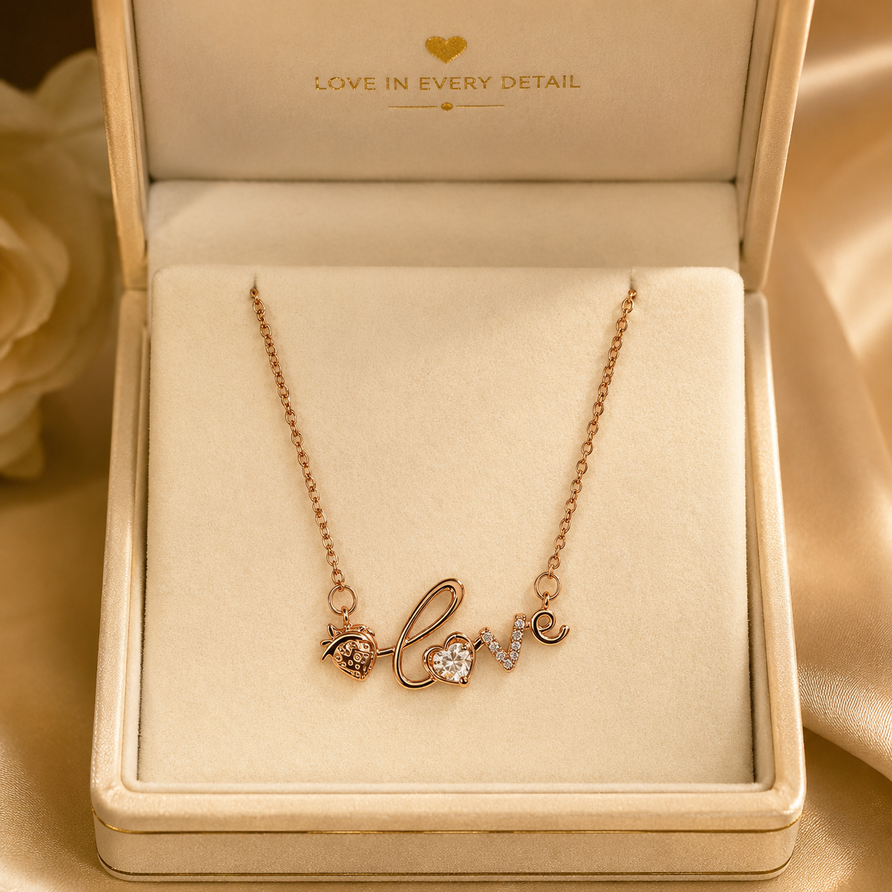 Rose Gold Love Necklace, Strawberry Charm and Clear CZ Pendant, 18 Inch Adjustable Stainless Steel Gift for Her