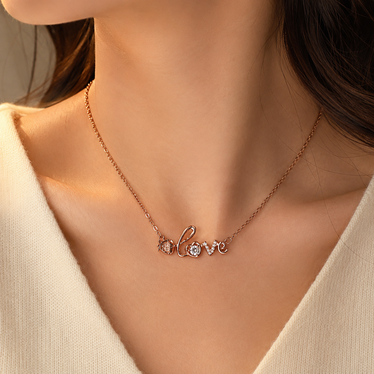 Rose Gold Love Necklace, Strawberry Charm and Clear CZ Pendant, 18 Inch Adjustable Stainless Steel Gift for Her