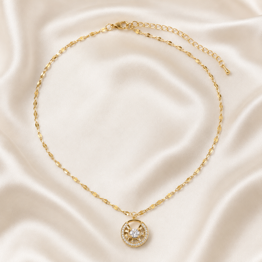 Gold Circle Pendant Necklace, Clear CZ Halo, 18 Inch Adjustable Stainless Steel Necklace, Elegant Gift for Her