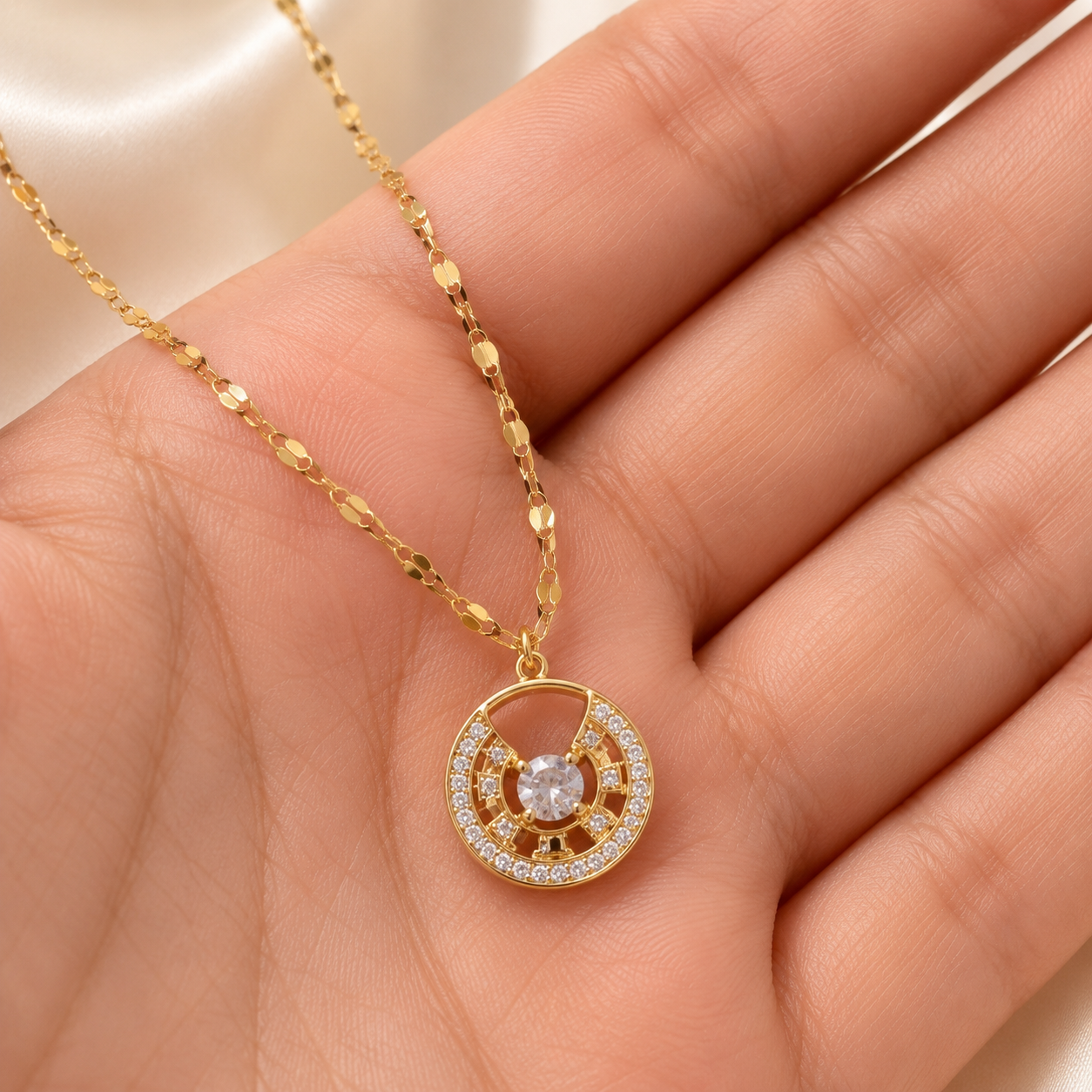 Gold Circle Pendant Necklace, Clear CZ Halo, 18 Inch Adjustable Stainless Steel Necklace, Elegant Gift for Her