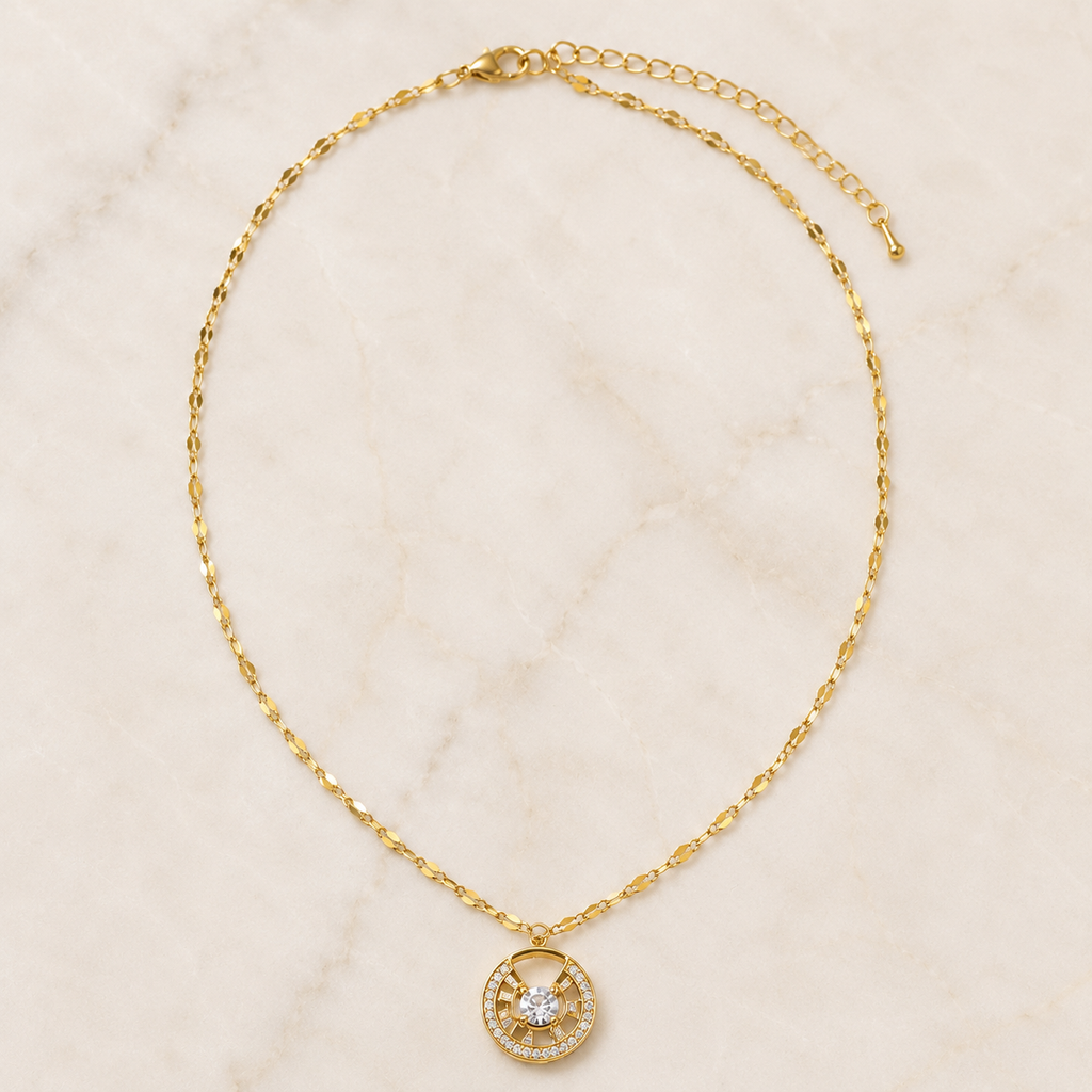 Gold Circle Pendant Necklace, Clear CZ Halo, 18 Inch Adjustable Stainless Steel Necklace, Elegant Gift for Her
