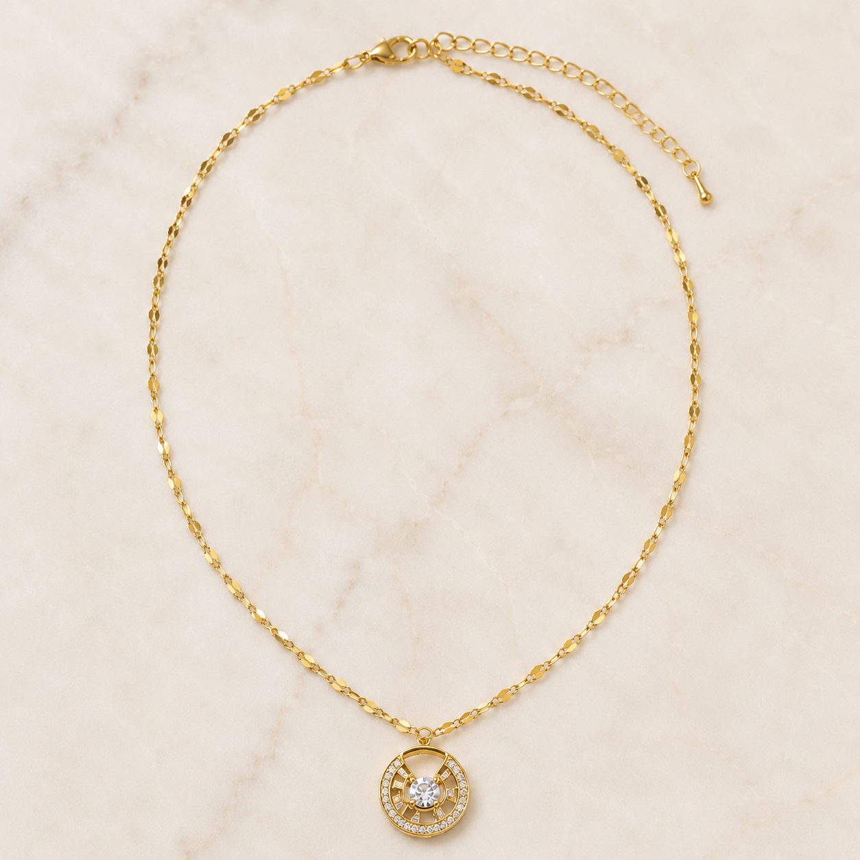 Gold Circle Pendant Necklace, Clear CZ Halo, 18 Inch Adjustable Stainless Steel Necklace, Elegant Gift for Her