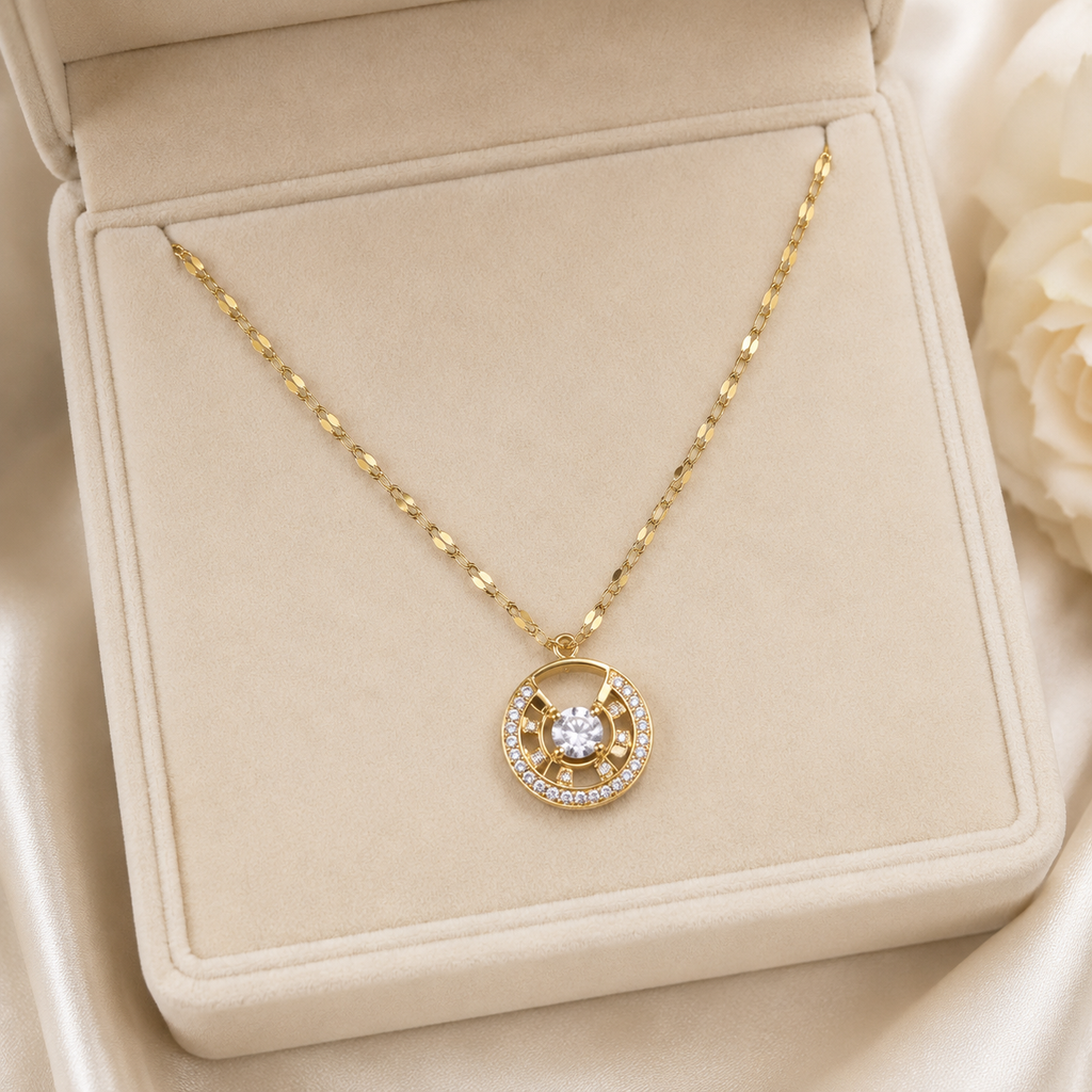 Gold Circle Pendant Necklace, Clear CZ Halo, 18 Inch Adjustable Stainless Steel Necklace, Elegant Gift for Her