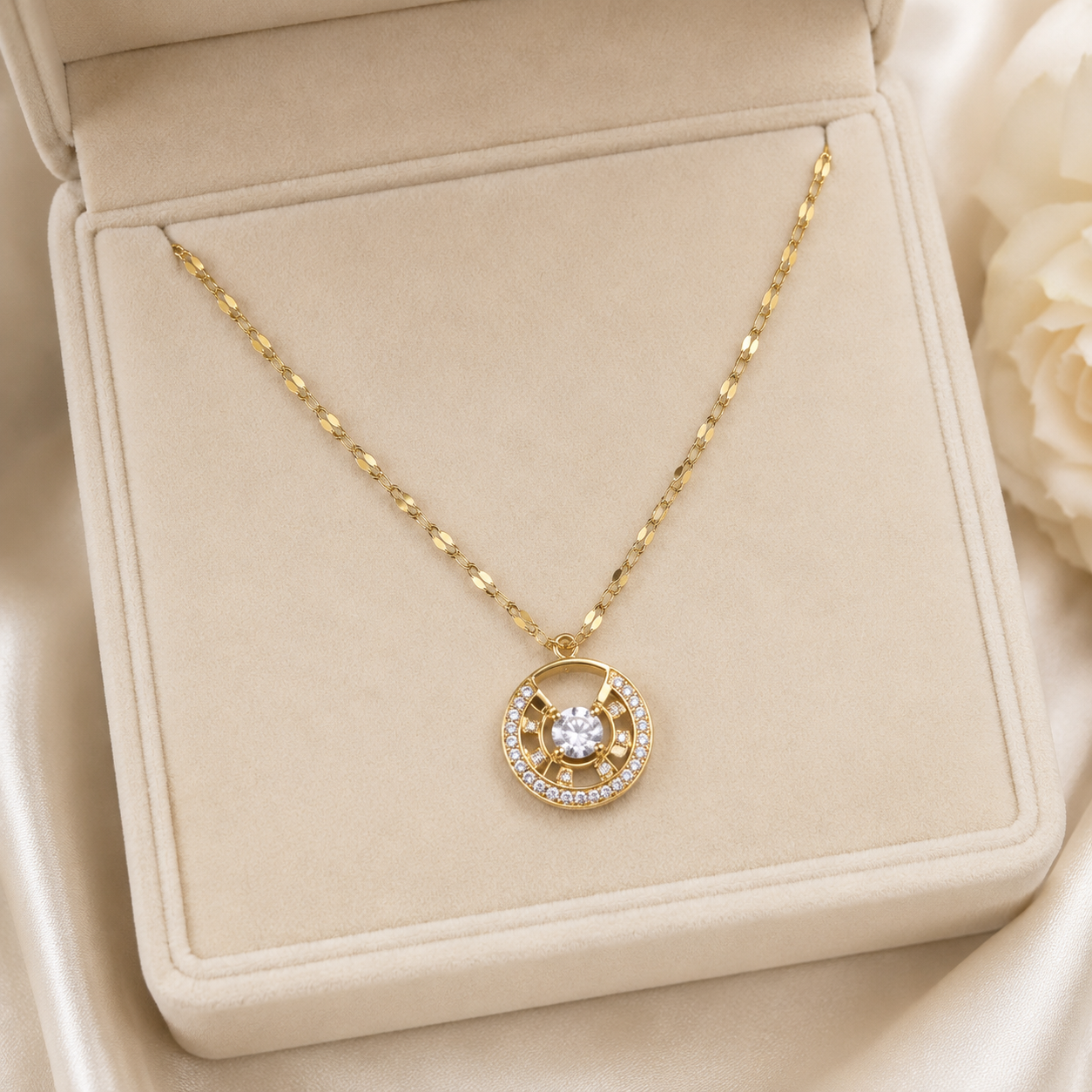Gold Circle Pendant Necklace, Clear CZ Halo, 18 Inch Adjustable Stainless Steel Necklace, Elegant Gift for Her