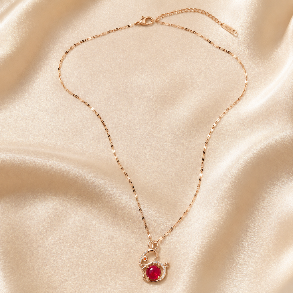 Red Bunny Necklace, Gold Tone Rabbit Pendant with Clear Stones, 18 Inch Adjustable Stainless Steel Gift for Her