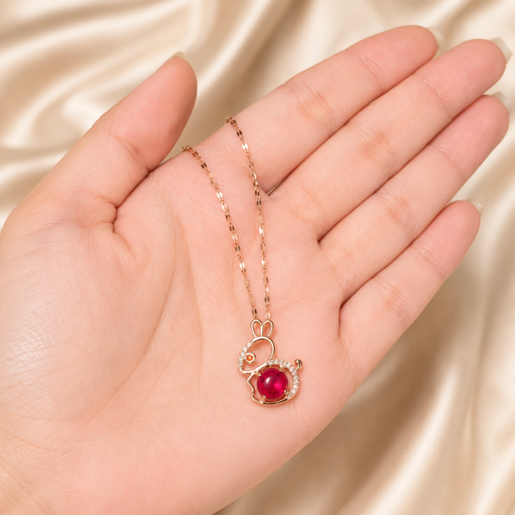 Red Bunny Necklace, Gold Tone Rabbit Pendant with Clear Stones, 18 Inch Adjustable Stainless Steel Gift for Her