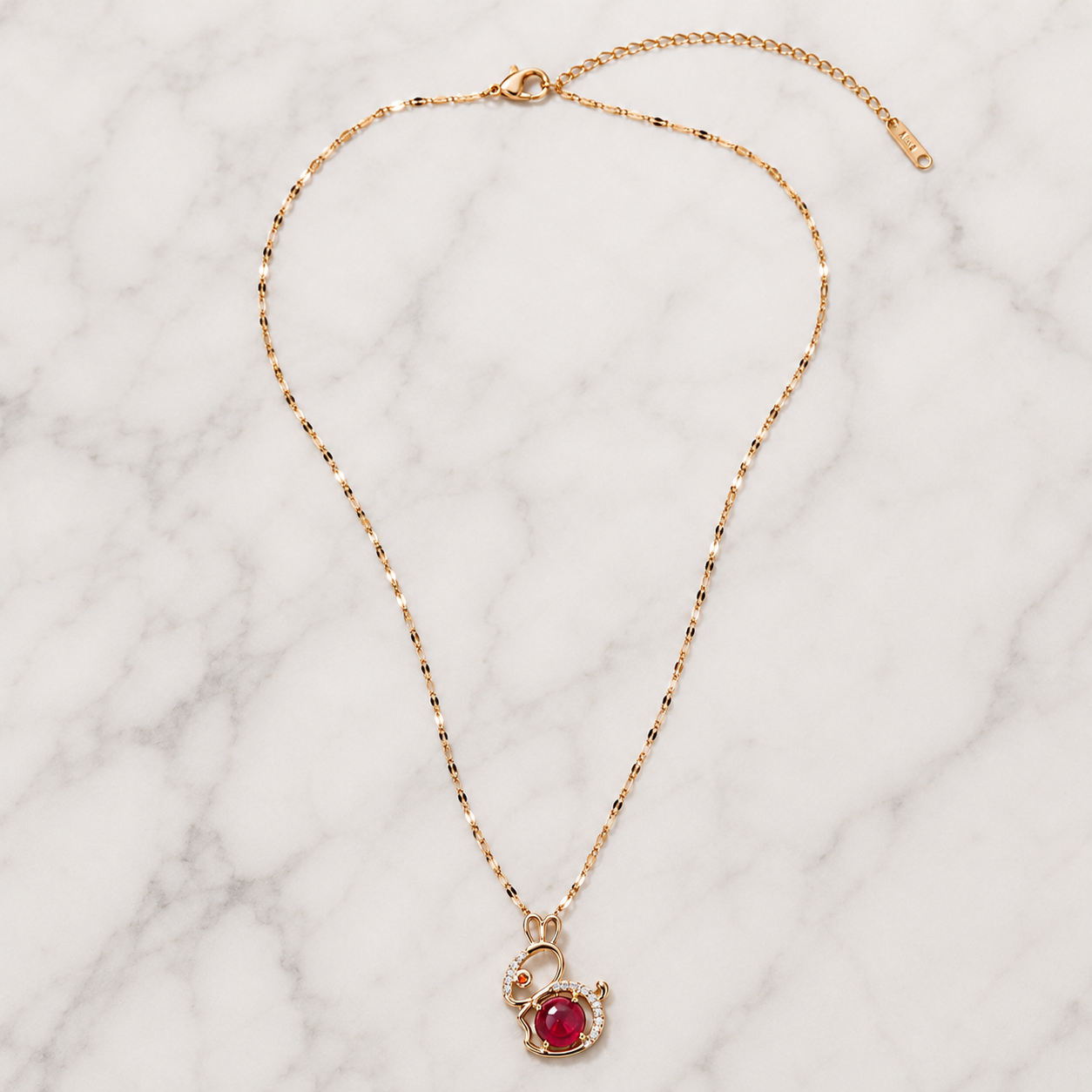 Red Bunny Necklace, Gold Tone Rabbit Pendant with Clear Stones, 18 Inch Adjustable Stainless Steel Gift for Her