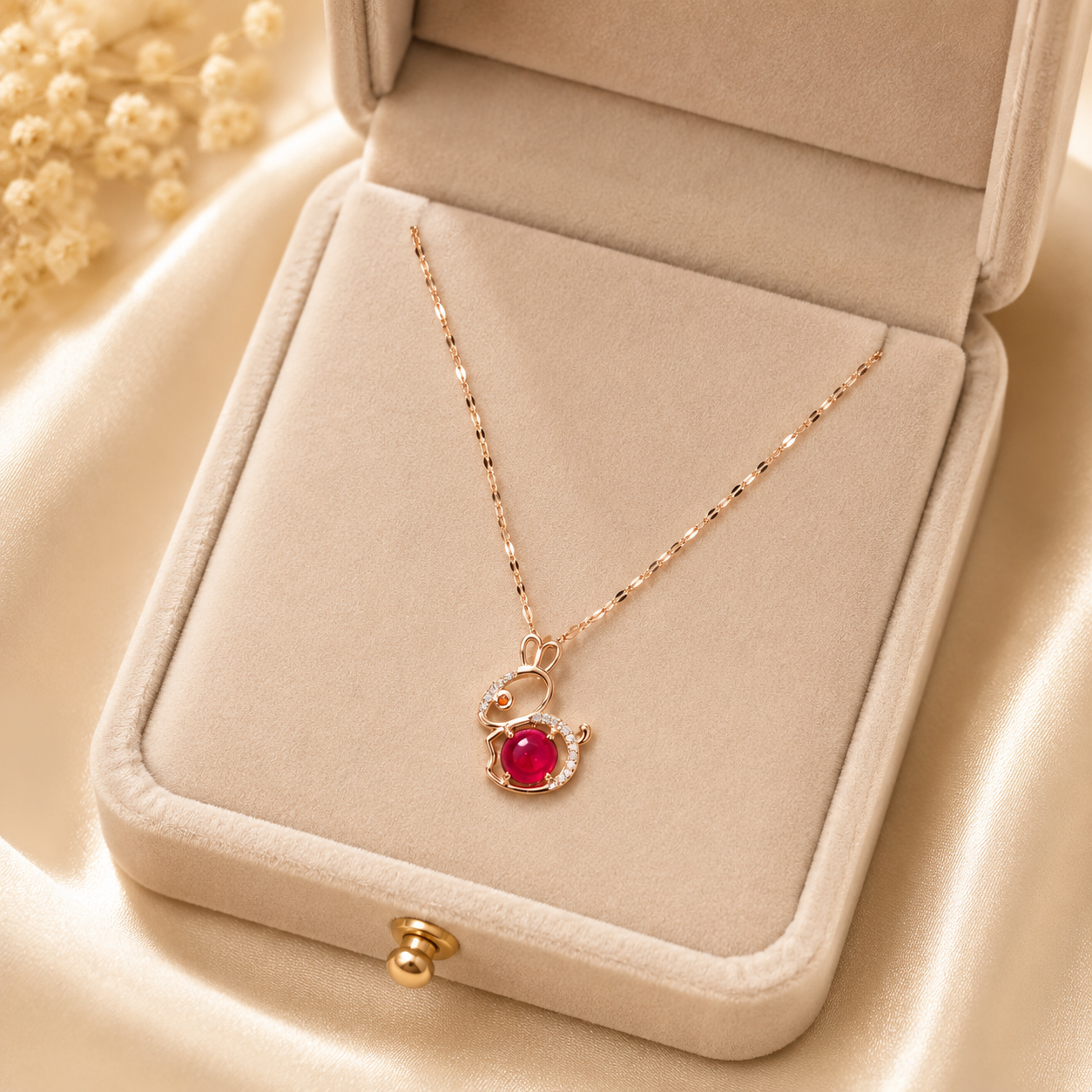 Red Bunny Necklace, Gold Tone Rabbit Pendant with Clear Stones, 18 Inch Adjustable Stainless Steel Gift for Her