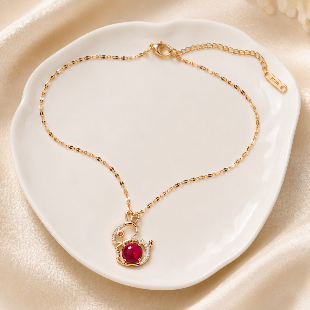 Red Bunny Necklace, Gold Tone Rabbit Pendant with Clear Stones, 18 Inch Adjustable Stainless Steel Gift for Her