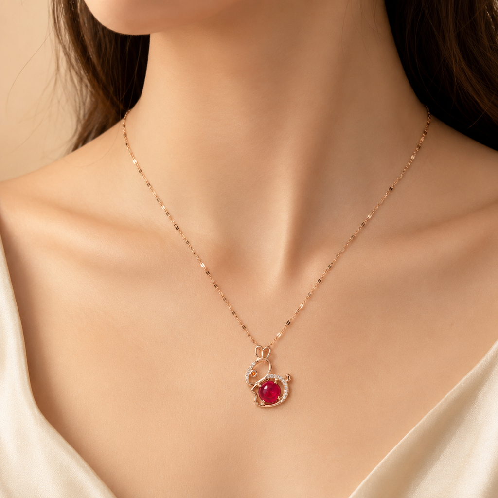 Red Bunny Necklace, Gold Tone Rabbit Pendant with Clear Stones, 18 Inch Adjustable Stainless Steel Gift for Her
