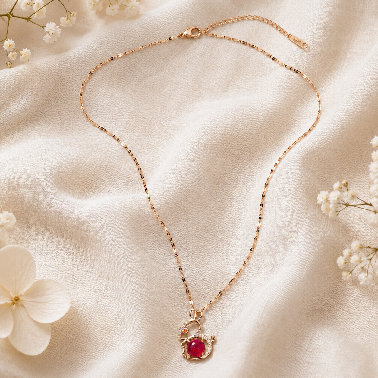 Red Bunny Necklace, Gold Tone Rabbit Pendant with Clear Stones, 18 Inch Adjustable Stainless Steel Gift for Her