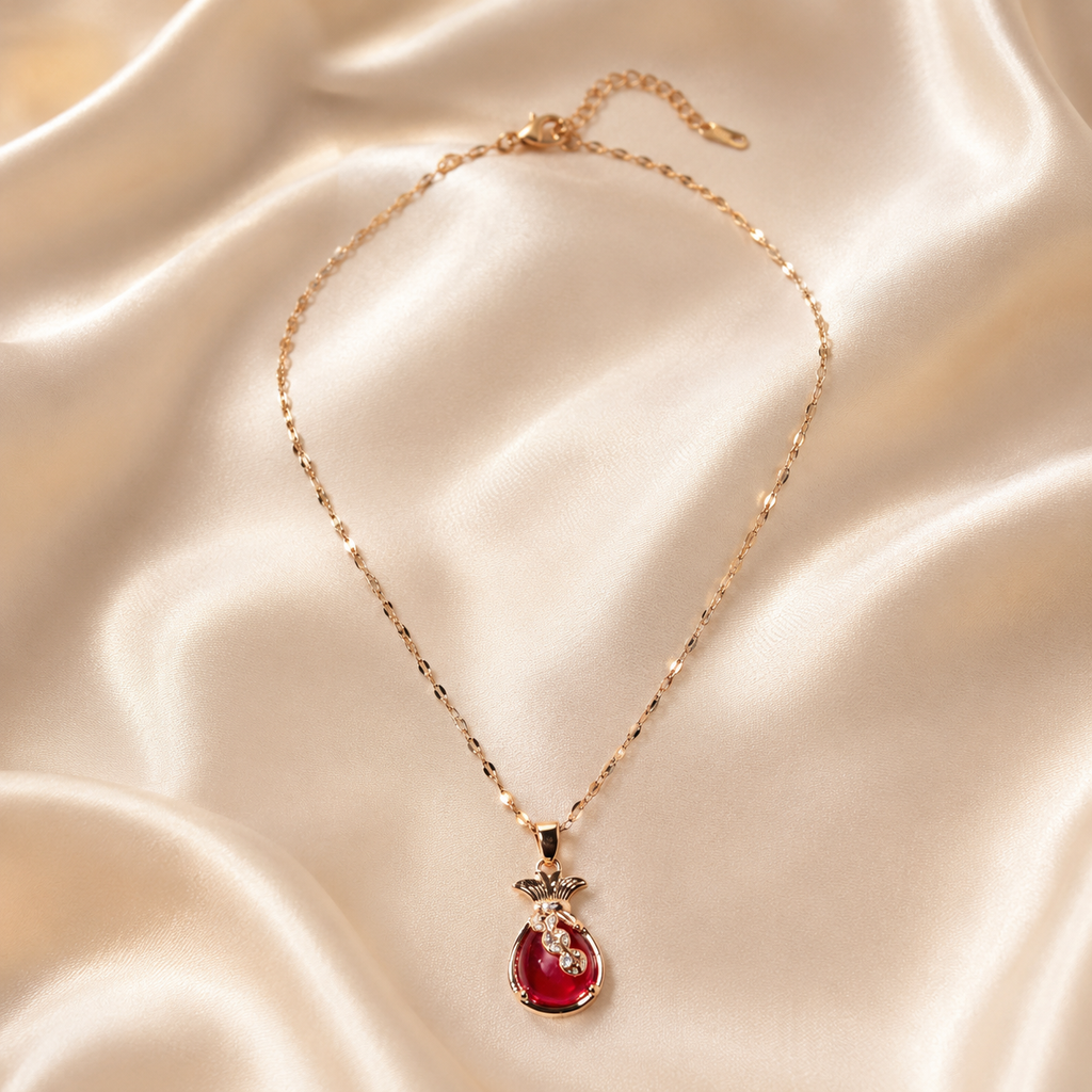 Red Teardrop Pendant Necklace, Gold Tone Stainless Steel, Sparkling Clear Stone Accents, 18 Inch Adjustable Gift for Her