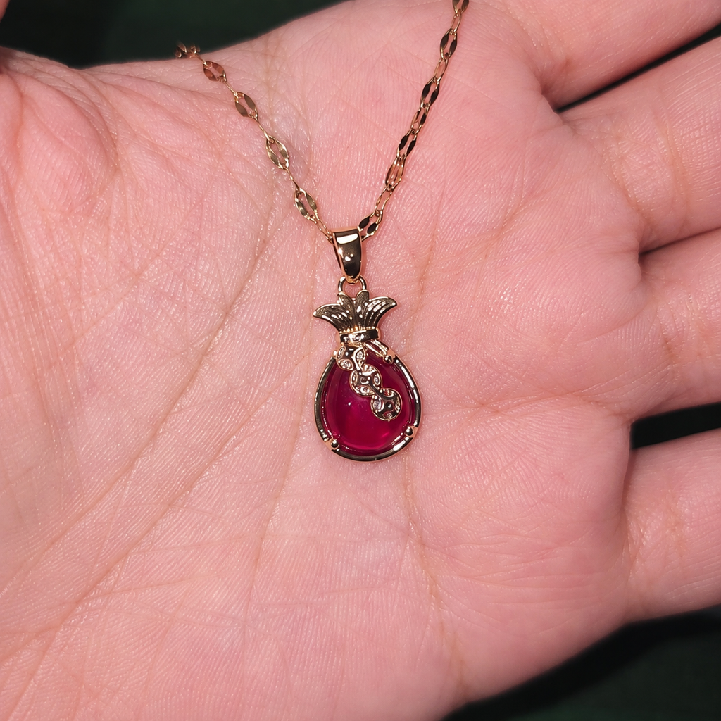 Red Teardrop Pendant Necklace, Gold Tone Stainless Steel, Sparkling Clear Stone Accents, 18 Inch Adjustable Gift for Her